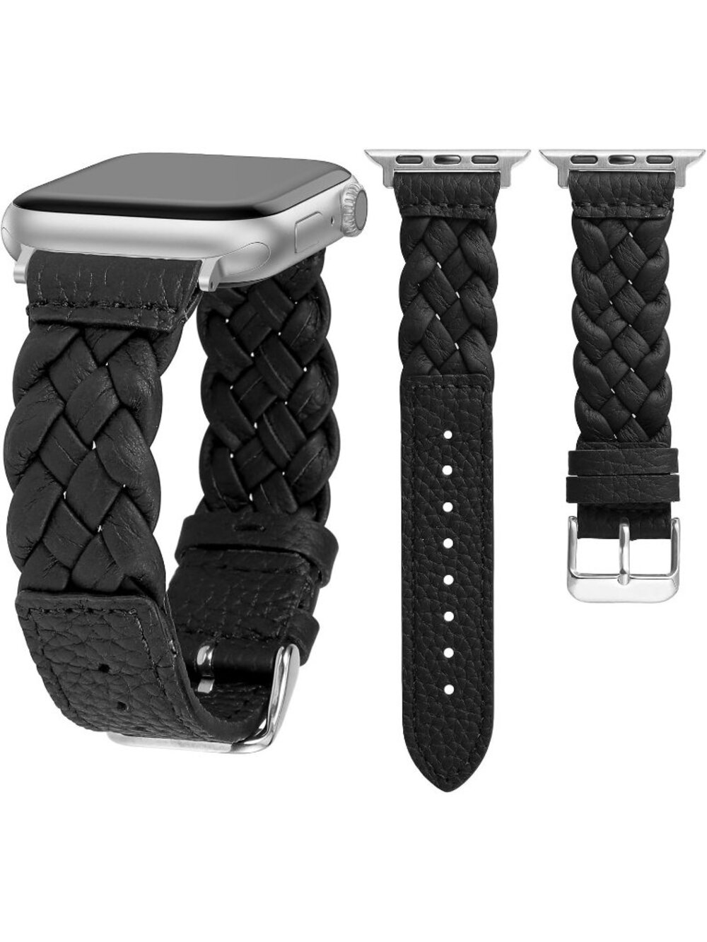 Women's Black Silver Braided Leather Strap Compatible with Apple Wrist Watch
